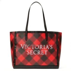 Victoria’s Secret Weekender Tote Bag Black & Red Plaid Silver Metallic Logo